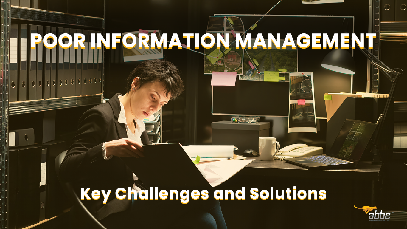 Illustration of a person overwhelmed by fragmented data and information management challenges.